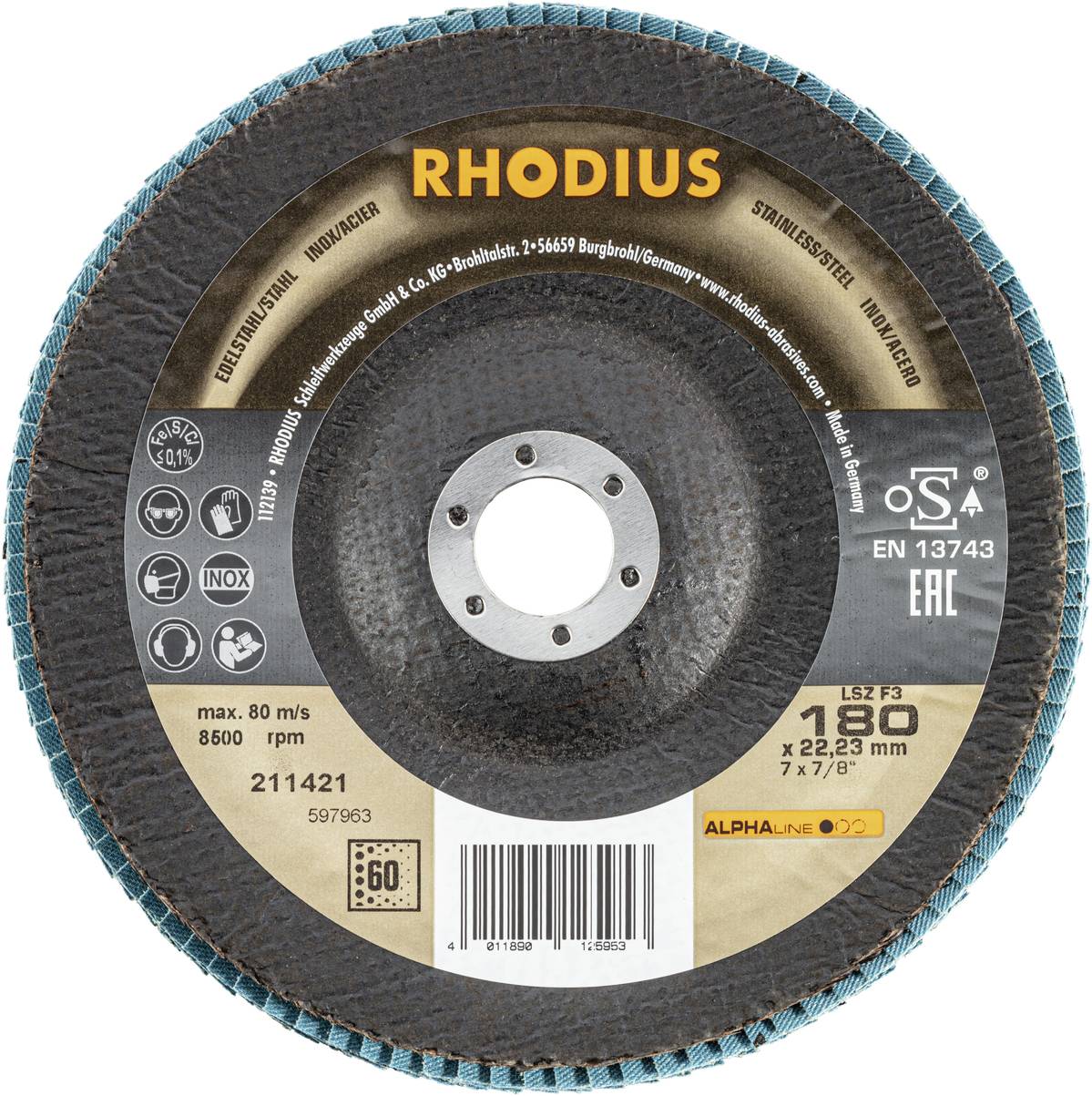 Disque de coupe 'RHODIUS' avec trou central, adapté à l'acier inoxydable, offrant une vitesse de rotation élevée jusqu'à 8 500 tr/min et un maximum de 80 m/s.