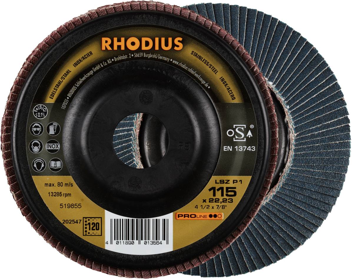 Disque à meuler portant l'inscription 'RHODIUS', diamètre 115 mm, vitesse maximale de 13285 tr/min. Adapté pour l'usinage des métaux.