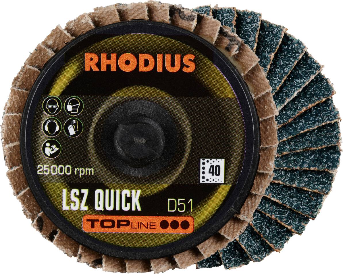Disque abrasif 'RHODIUS LSZ QUICK D51', 25 000 tr/min, pour enlèvement rapide de matière, grain 40, pour applications professionnelles.