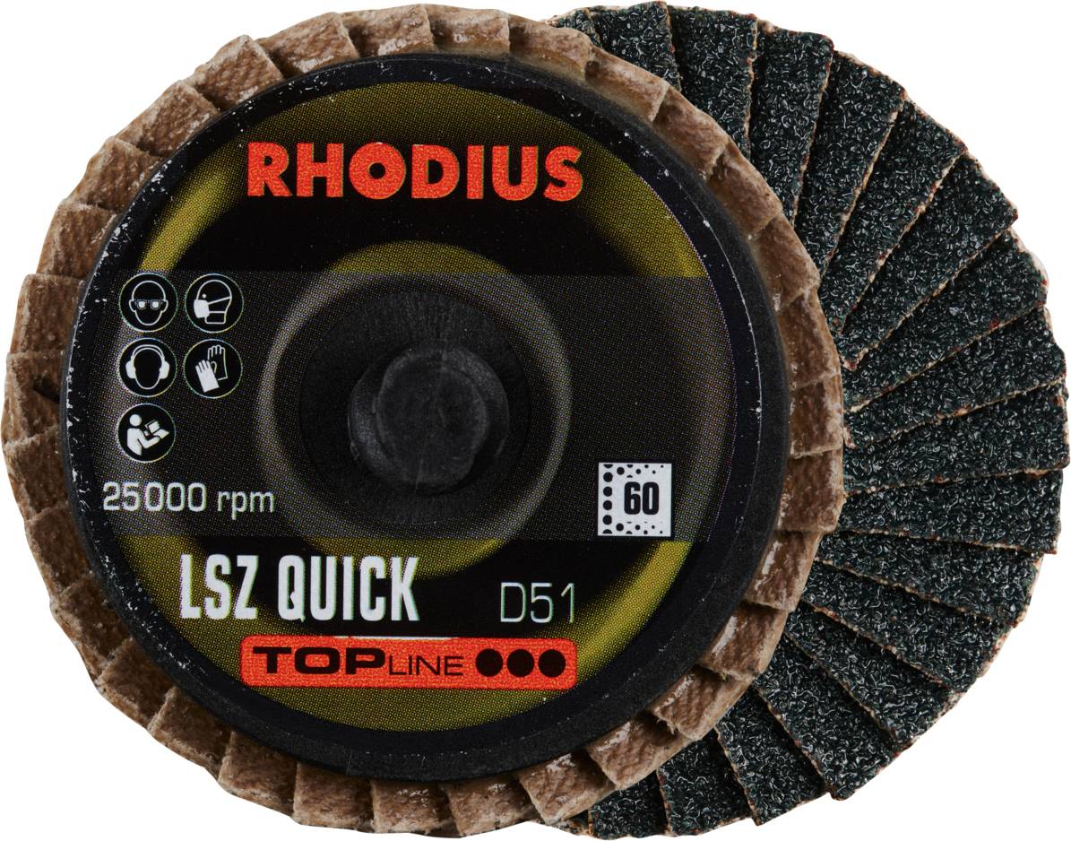 Disque de meulage à lamelles portant l'inscription 'RHODIUS LSZ QUICK D51', adapté pour 25 000 tr/min. Grain : 60. Marque : TOPLINE.