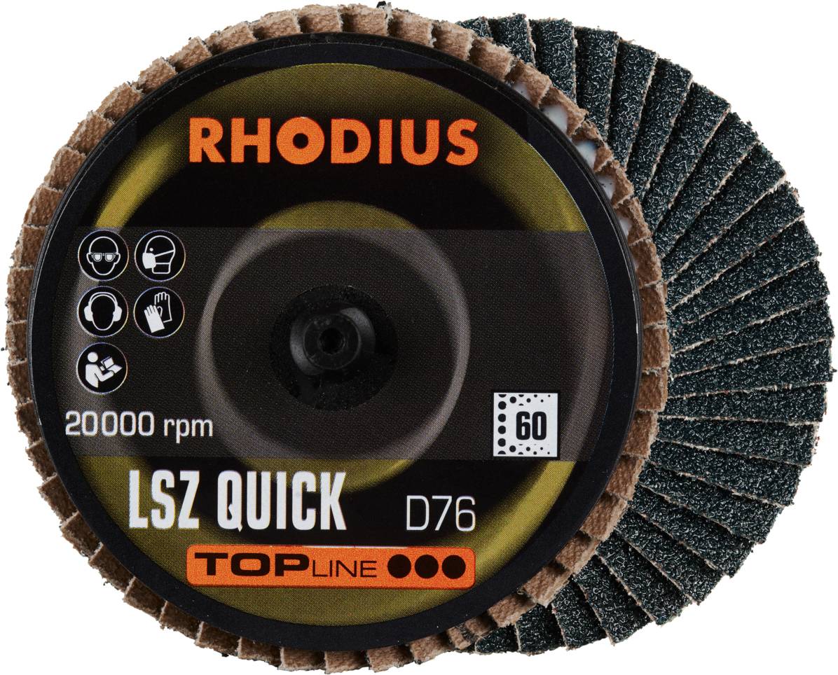 Disque à tronçonner portant l'inscription 'RHODIUS LSZ QUICK D76'. Vitesse de rotation : 20 000 tr/min. Adapté pour l'usinage des métaux.