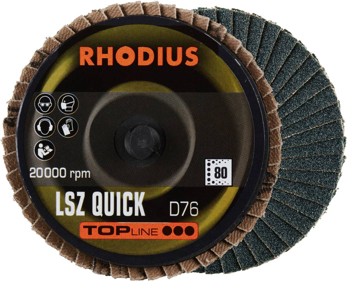 Disque à meuler 'RHODIUS LSZ QUICK D76', 20 000 tr/min, grain 80. Adapté pour l'usinage des métaux, indications symboliques sur les fonctions.