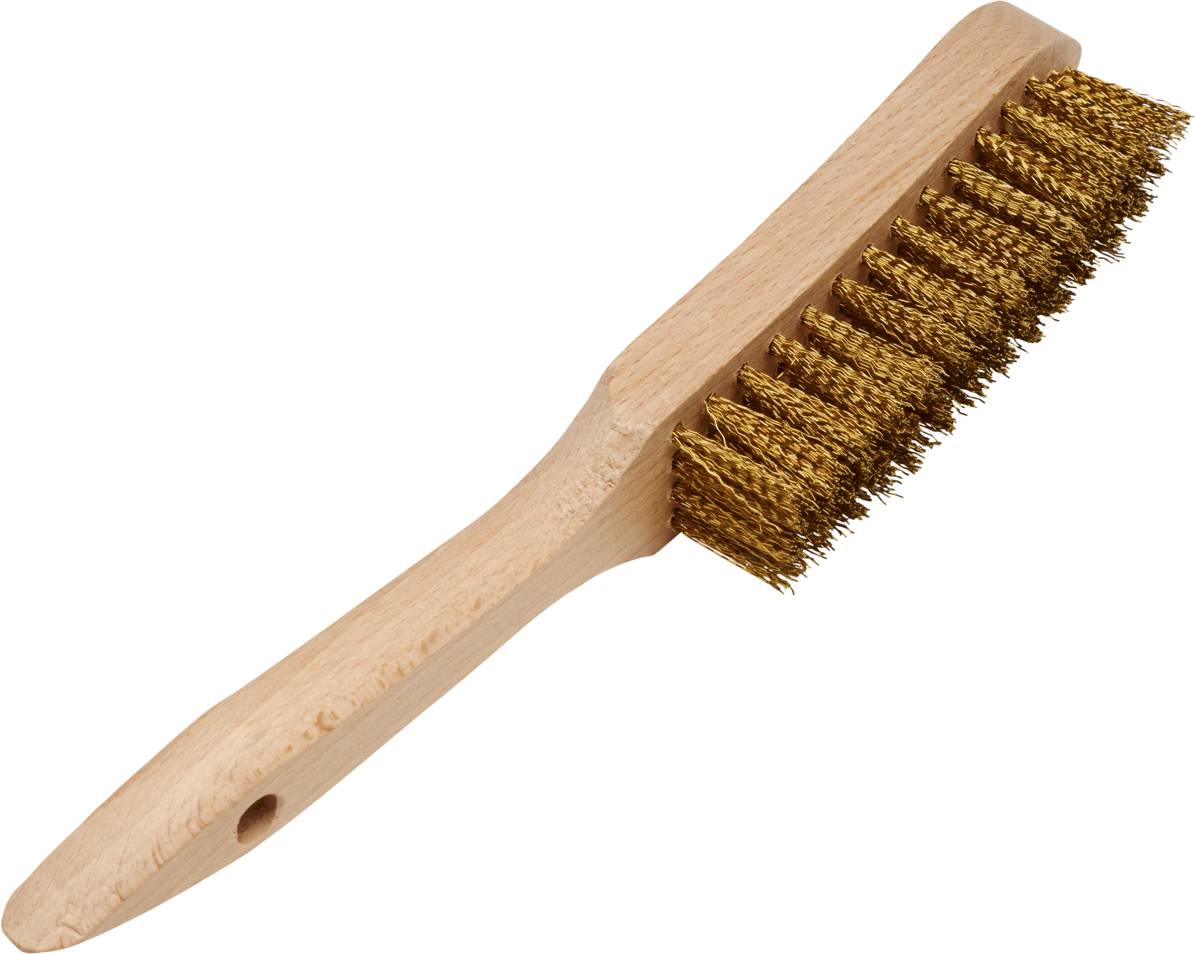 Brosse métallique à poignée en bois, vue latérale. Utilisée pour nettoyer et décaper les surfaces. Poils en fil de laiton.