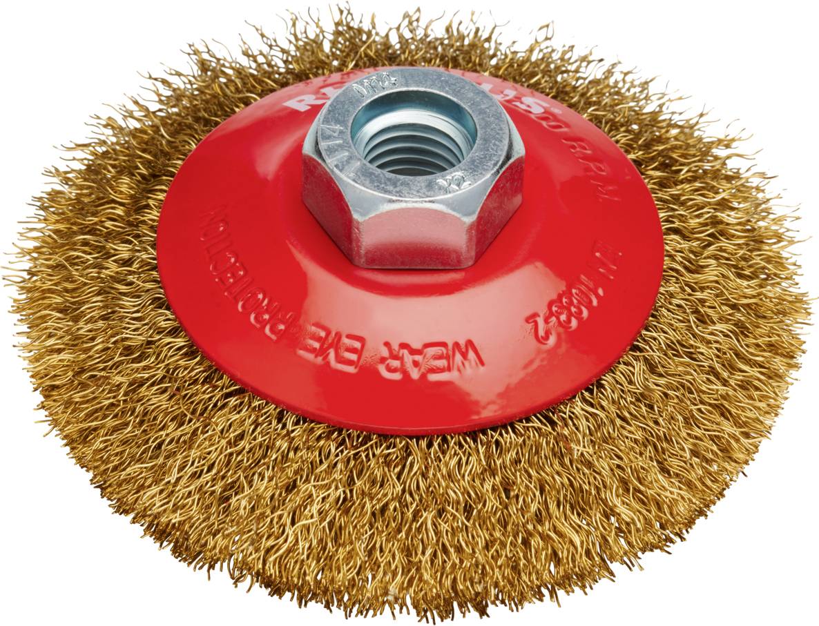 Embout métallique brosse avec manche rouge, adapté pour perceuses. Utilisé pour le nettoyage et le polissage des surfaces.