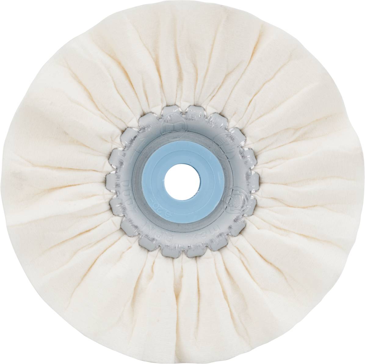 Un disque de polissage rond, rembourré, avec une ouverture centrale bleue et un tissu blanc à l'extérieur, utilisé pour le polissage de surfaces.