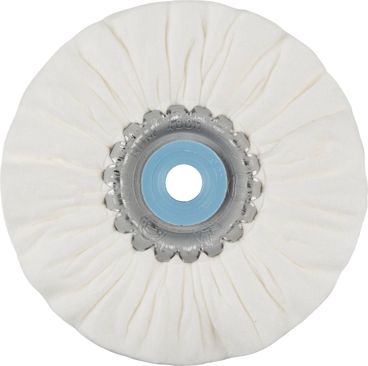 Un disque de polissage rond, blanc, avec un centre bleu, adapté pour le polissage des surfaces métalliques.