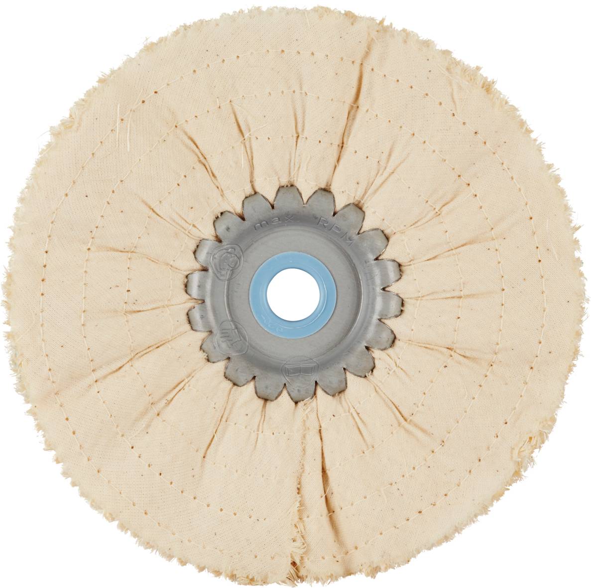 Un disque de polissage rond en tissu avec un support métallique au centre, présentant des plis radiaux.