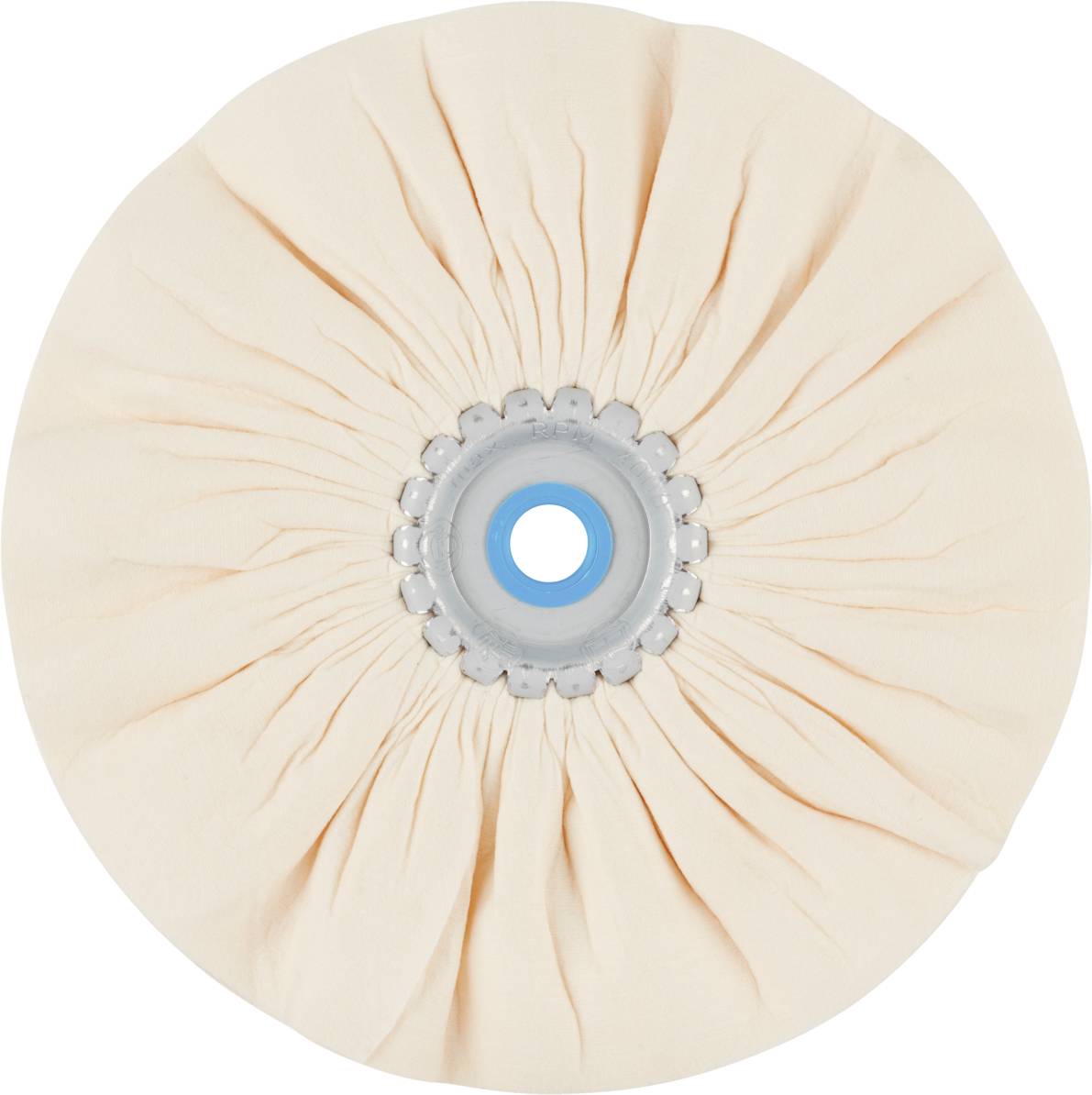 Un tampon de polissage beige rond avec un tissu plissé et un centre bleu ; utilisé pour les polissages de métal ou de peinture.