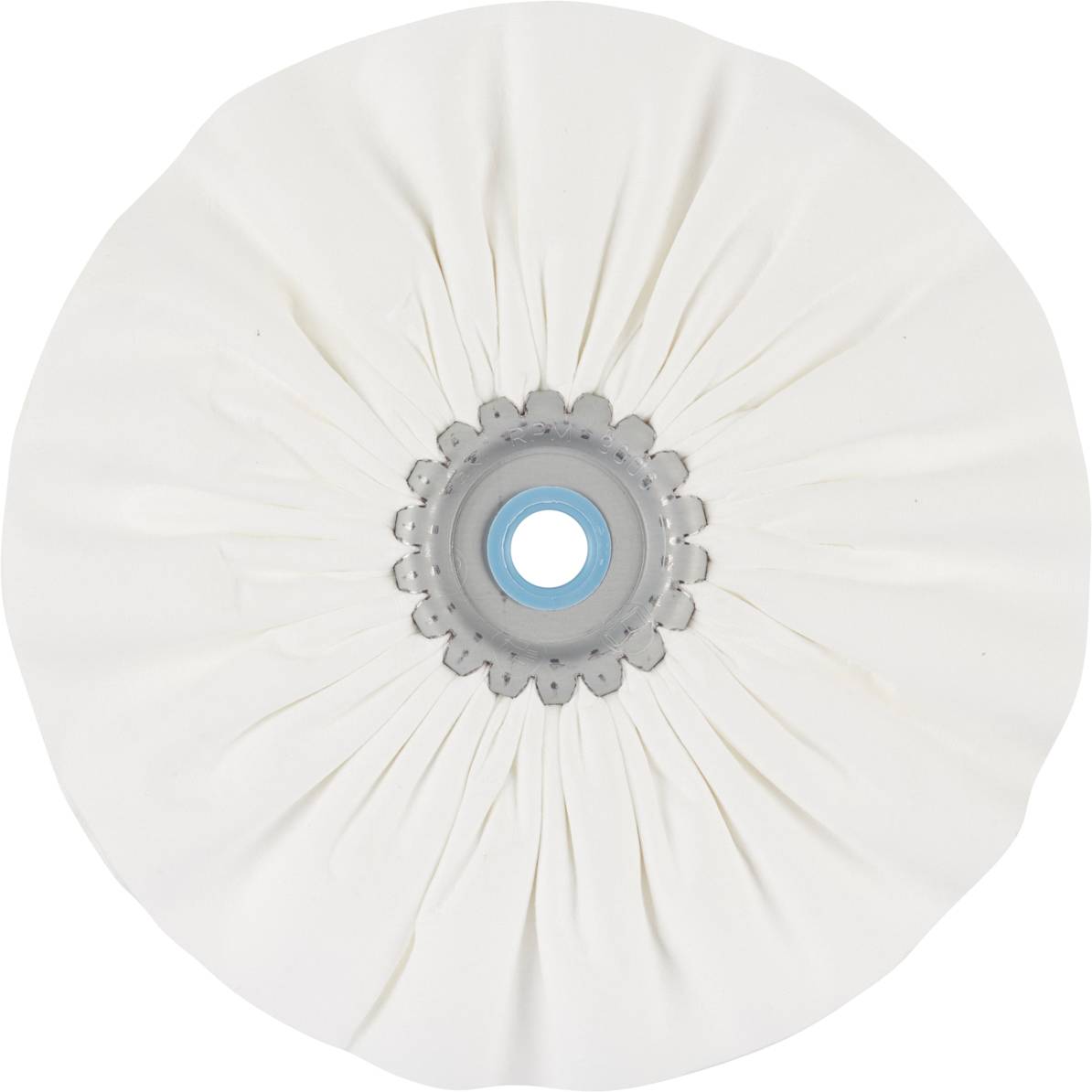 Un embout de polissage blanc, rond, avec des accents bleus au centre, utilisé pour le traitement de surface.