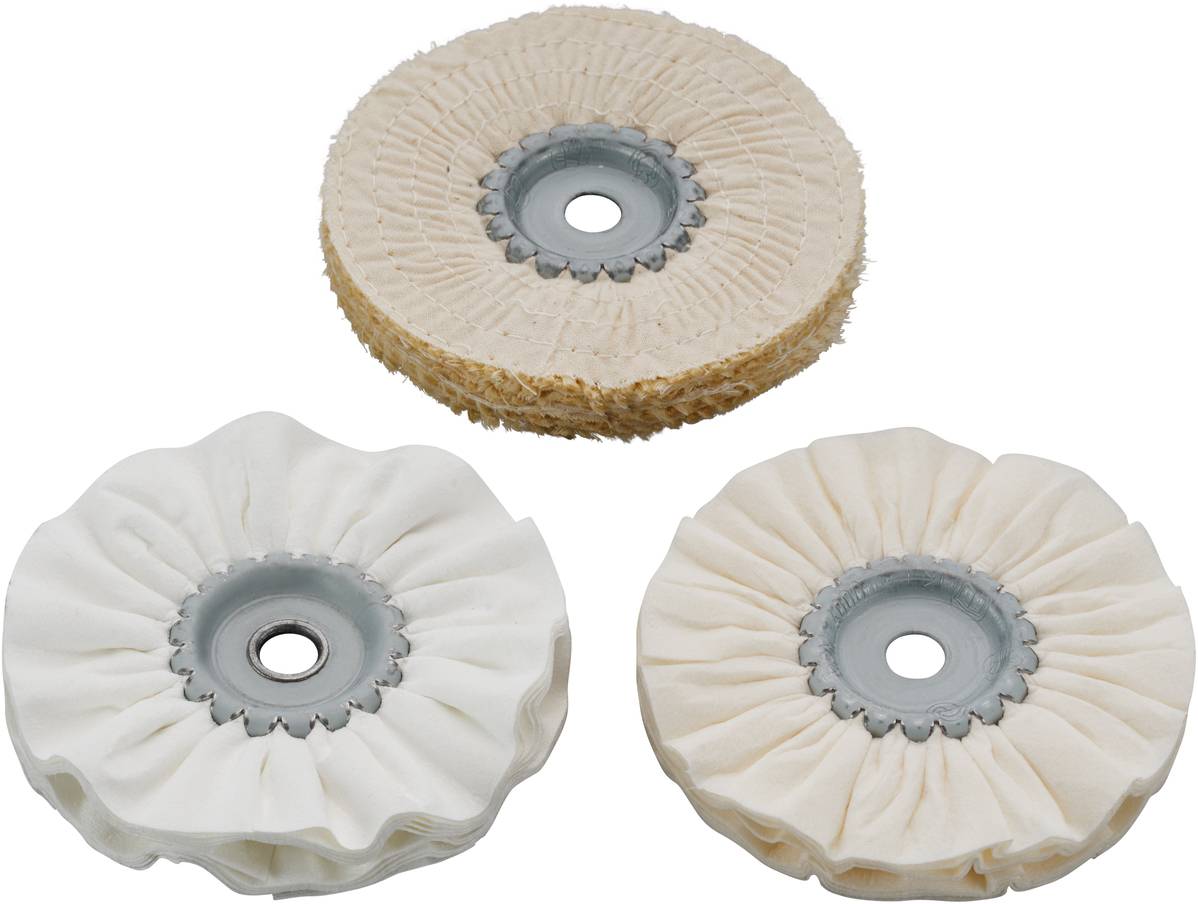 Trois tampons de polissage en tissu, deux types différents en haut et en bas, disposés de manière symétrique. Centres en bois et en métal visibles.