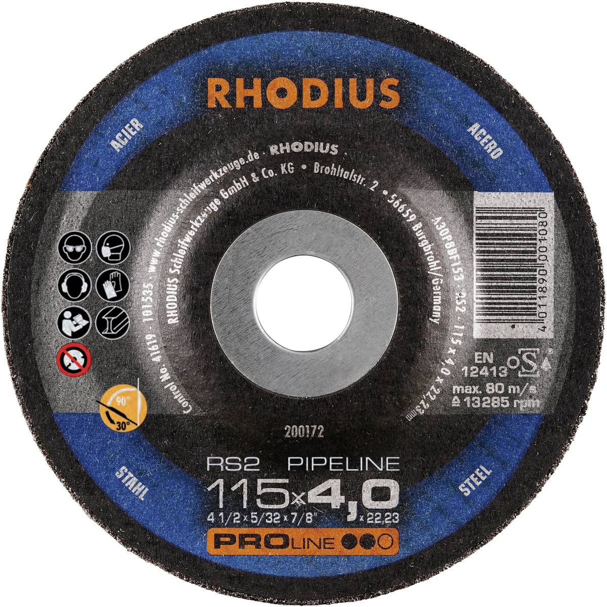 Disque de meulage circulaire de Rhodius avec des inscriptions sur les dimensions et l'utilisation pour l'acier.