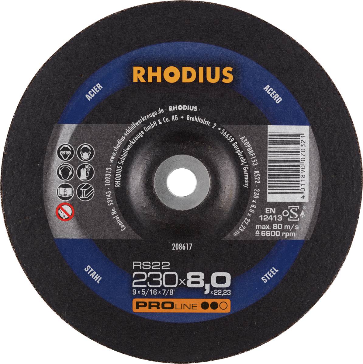 Disque à tronçonner 'RHODIUS', diamètre 230 mm, épaisseur 8,0 mm, adapté pour l'acier et l'acier inoxydable, vitesse maximale 80 m/s ou 6600 tr/min.