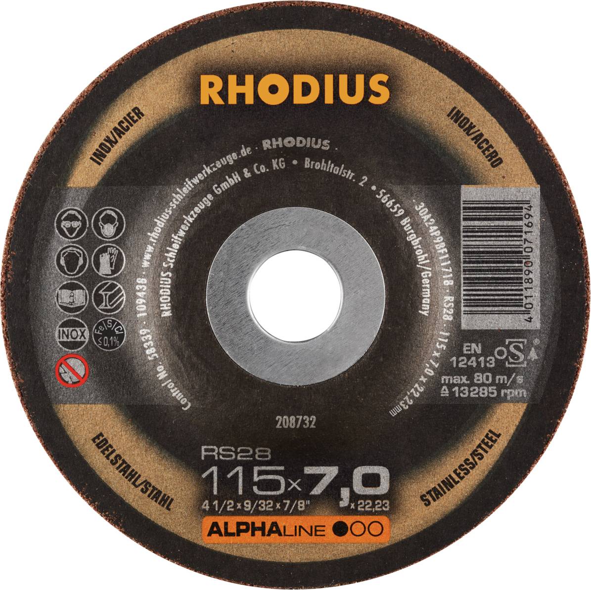 Étiquette d'abrasif coulissante indiquant le nom de marque 'Rhodius', type RS28, diamètre 115 mm, épaisseur 7,0 mm, adapté pour l'acier inoxydable. Symboles de sécurité et d'utilisation présents.