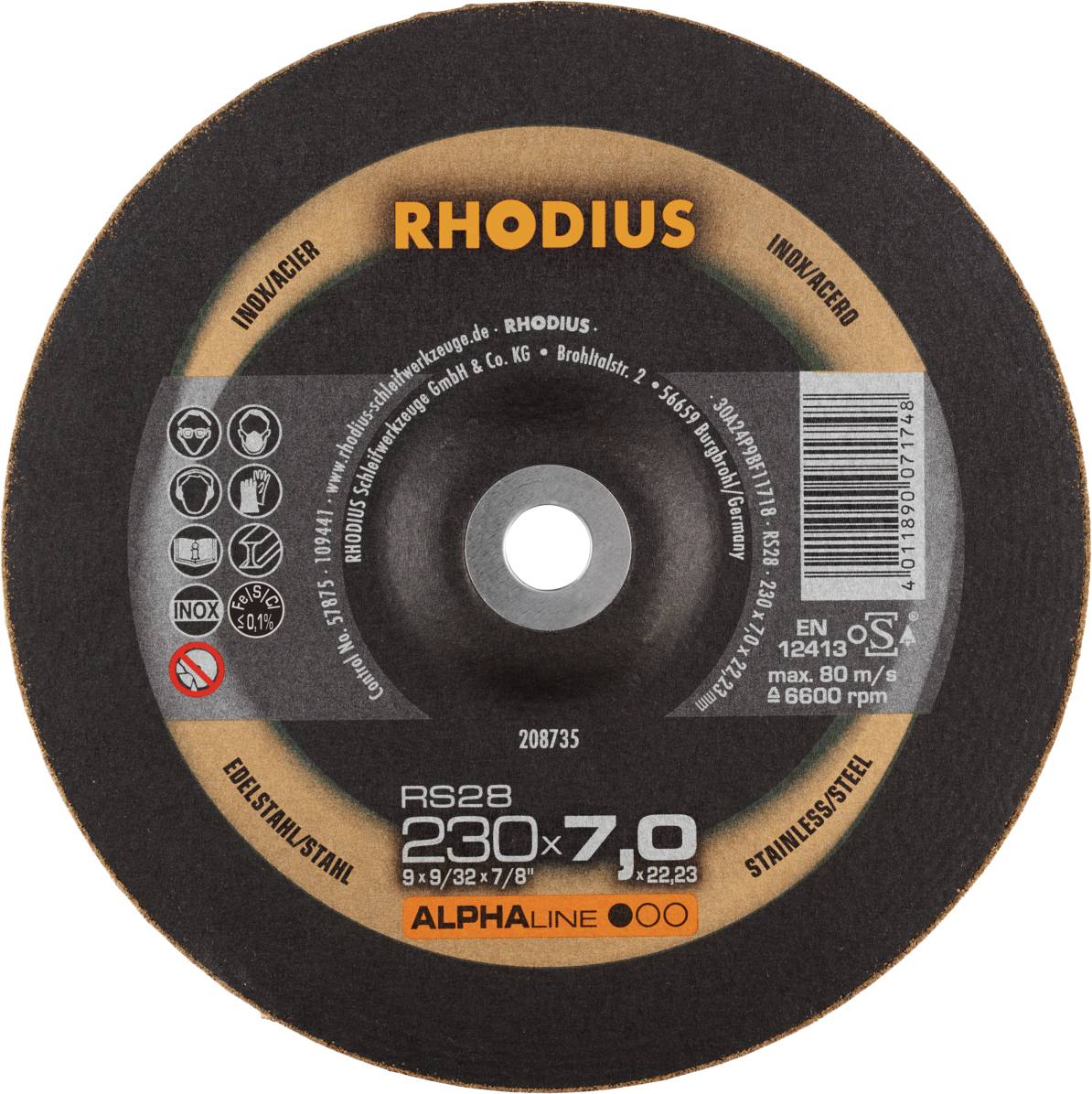 Disque à tronçonner portant l'inscription 'RHODIUS', modèle RS28, diamètre 230 mm, épaisseur 7,0 mm. Adapté pour l'acier inoxydable, vitesse de rotation maximale 6600 tr/min.