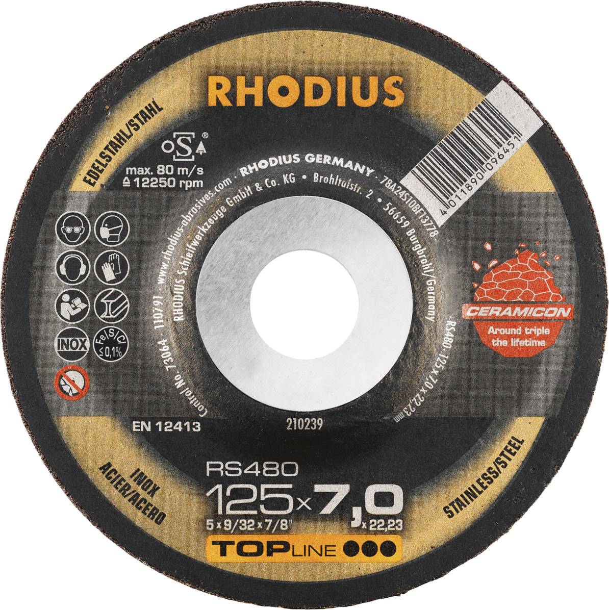 Une meule Rhodius, modèle RS480, Ø125 mm x 7 mm. Adaptée pour l'acier inoxydable. Comprend le symbole CERAMICON.