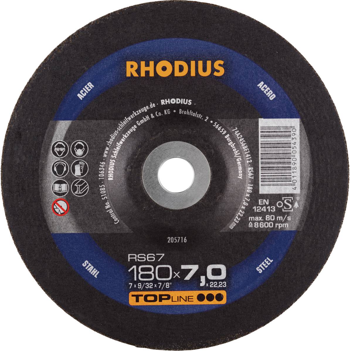 Disque à meuler 'RHODIUS' pour acier, diamètre 180 mm, épaisseur 7 mm, vitesse max. 80 m/s. Informations du fabricant imprimées avec code-barres.