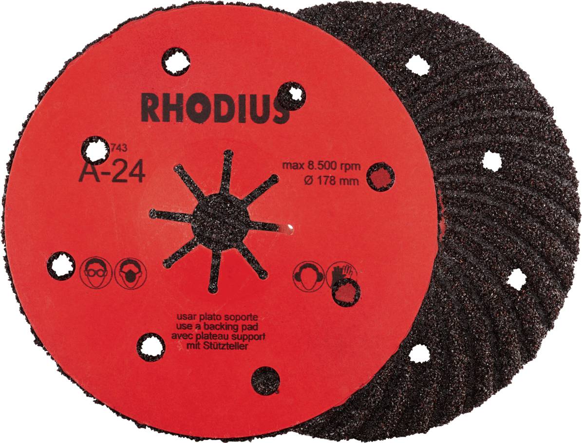Deux meules abrasives, rouge et noire, avec l'inscription « RHODIUS A-24 », vitesse maximale 8 500 tr/min, diamètre 178 mm, symboles de protection.