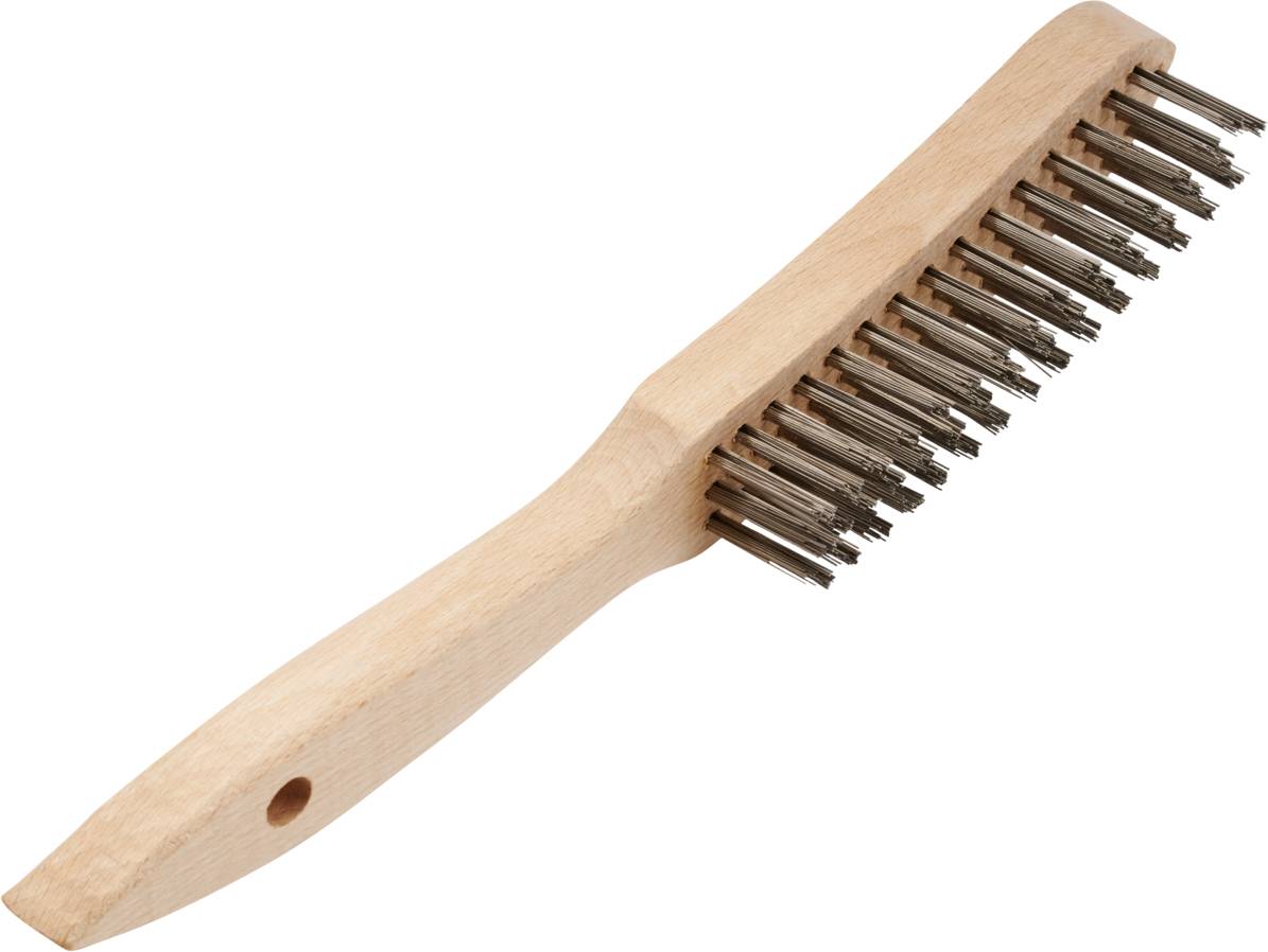 Brosse métallique avec long manche en bois et fentes en métal, utilisée pour éliminer la rouille ou la peinture.