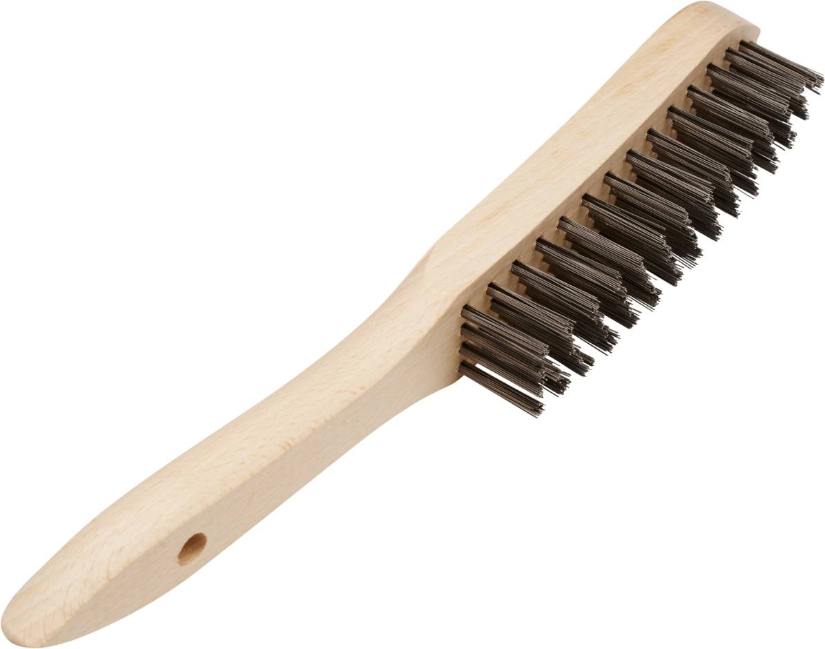 Brosse en bois avec des poils noirs, adaptée au nettoyage de surfaces dures. Poignée ovale avec un trou pour suspension.