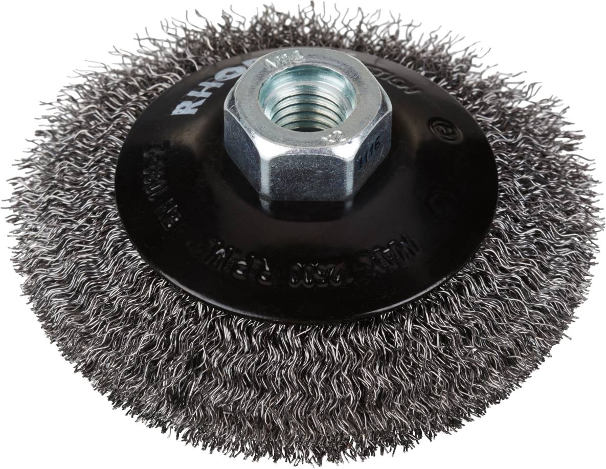 Embout à brosse métallique avec des poils métalliques fins et fixation hexagonale. Adapté pour les travaux de nettoyage et de polissage.