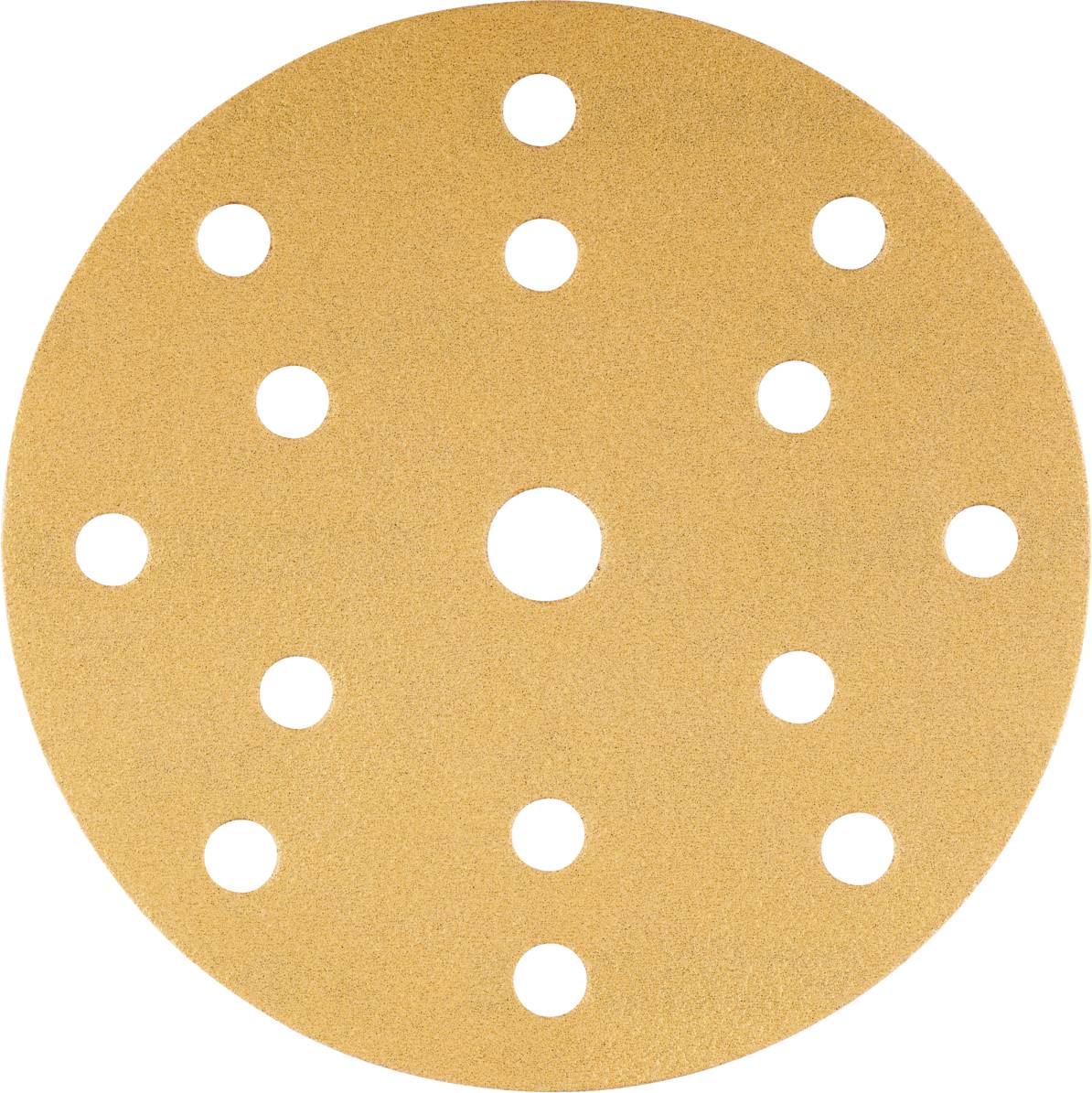 Disque de ponçage circulaire de couleur orange, doté de plusieurs trous pour l'aspiration de la poussière, utilisé pour les travaux de ponçage sur différentes surfaces.
