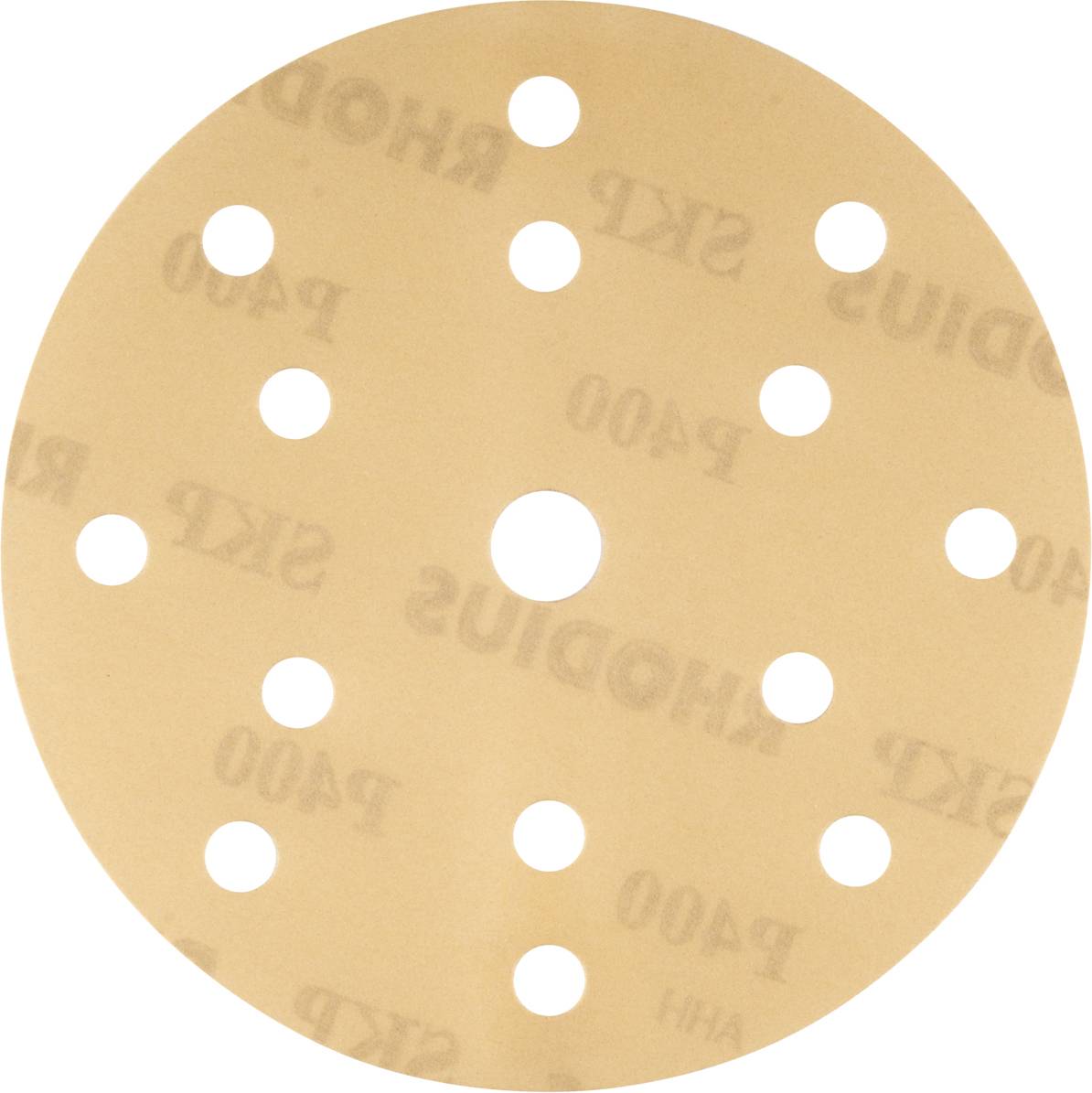 Un disque abrasif rond avec plusieurs trous, portant l'inscription 'P400', de couleur beige.
