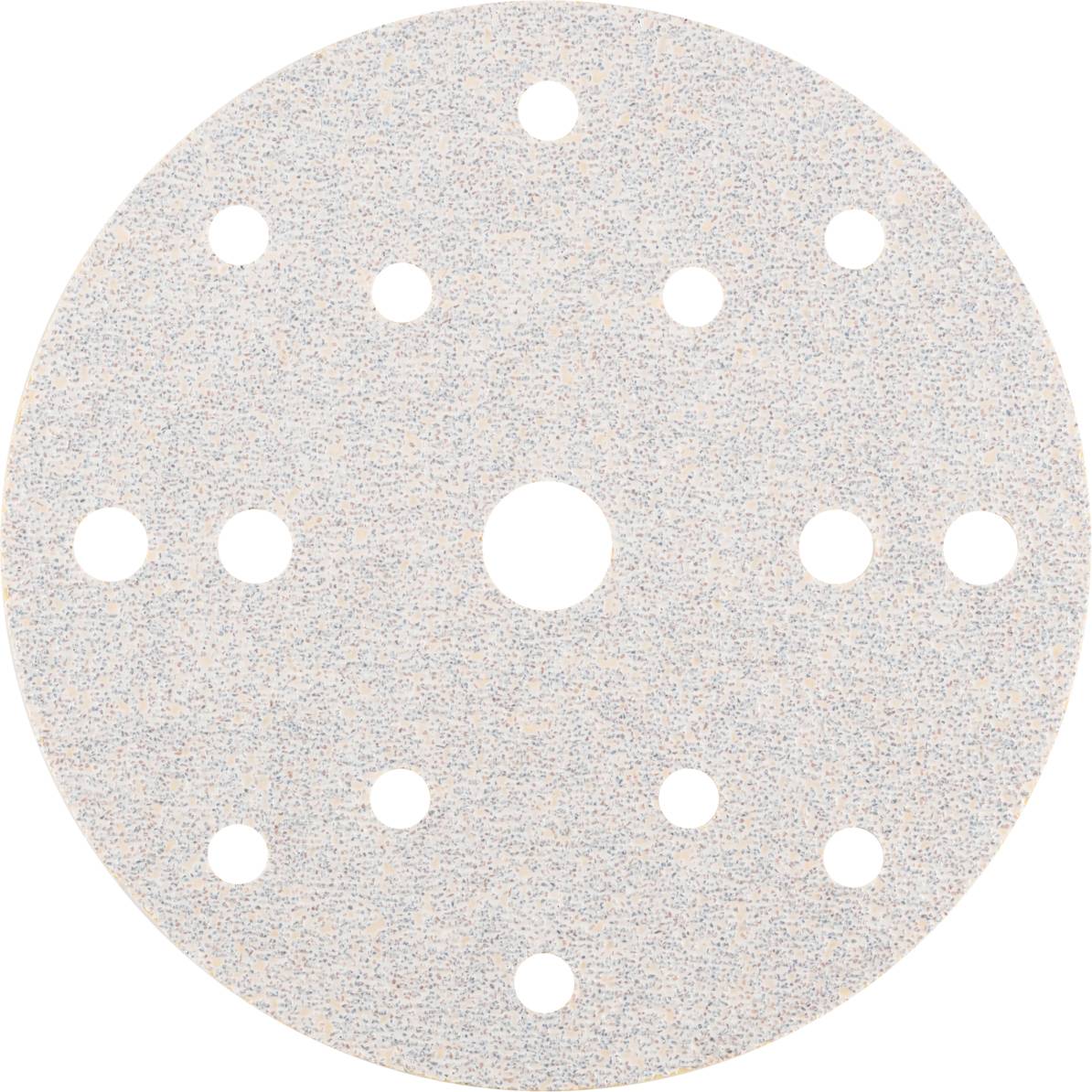 Disque de ponçage circulaire de couleur sable, avec plusieurs trous pour l'aspiration de la poussière.