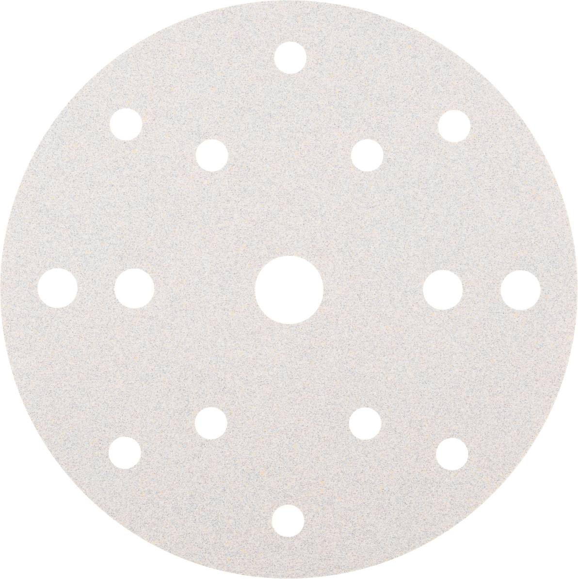 Disque abrasif circulaire avec plusieurs trous pour une meilleure aspiration des poussières, adapté aux processus de meulage sur machines.