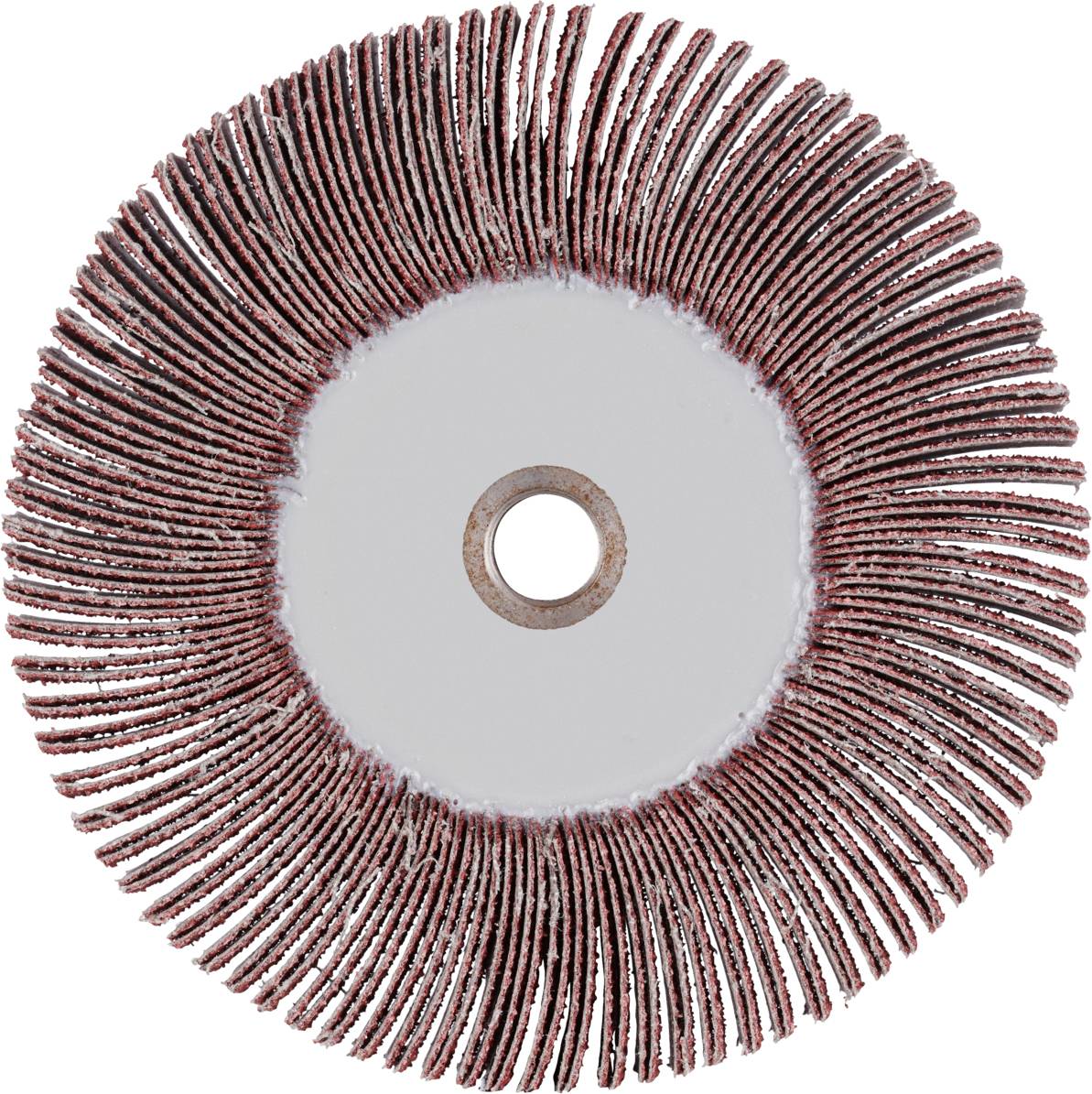 Une feuille abrasive avec des lamelles disposées radialement, utilisée pour lisser et polir des surfaces, dotée d'un trou central de fixation.
