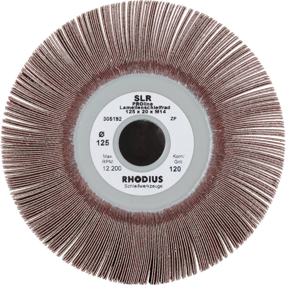 Disque abrasif à lamelles avec dimensions 125 x 20 x M14, vitesse maximale de 12 200 tr/min. Adapté pour les travaux de meulage sur surfaces métalliques.