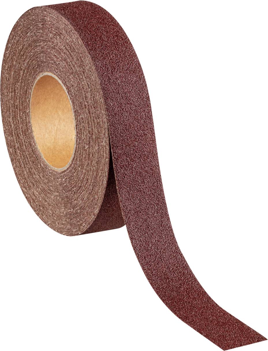 Un rouleau de papier abrasif brun partiellement déroulé. Adapté pour les travaux de ponçage sur différentes surfaces.
