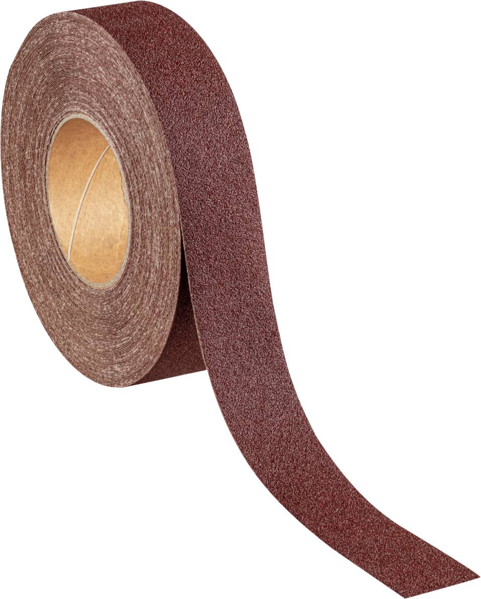 Bande abrasive brune, partiellement déroulée, à surface rugueuse. Utilisée pour les travaux de ponçage sur différents matériaux.