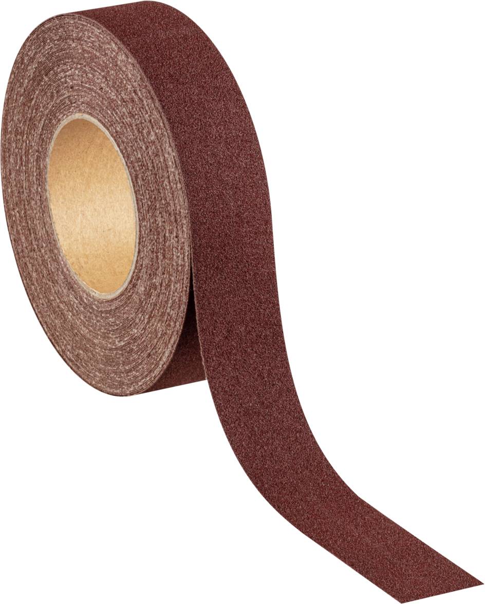 Bande abrasive brune sur rouleau, partiellement déroulée, sur fond blanc.