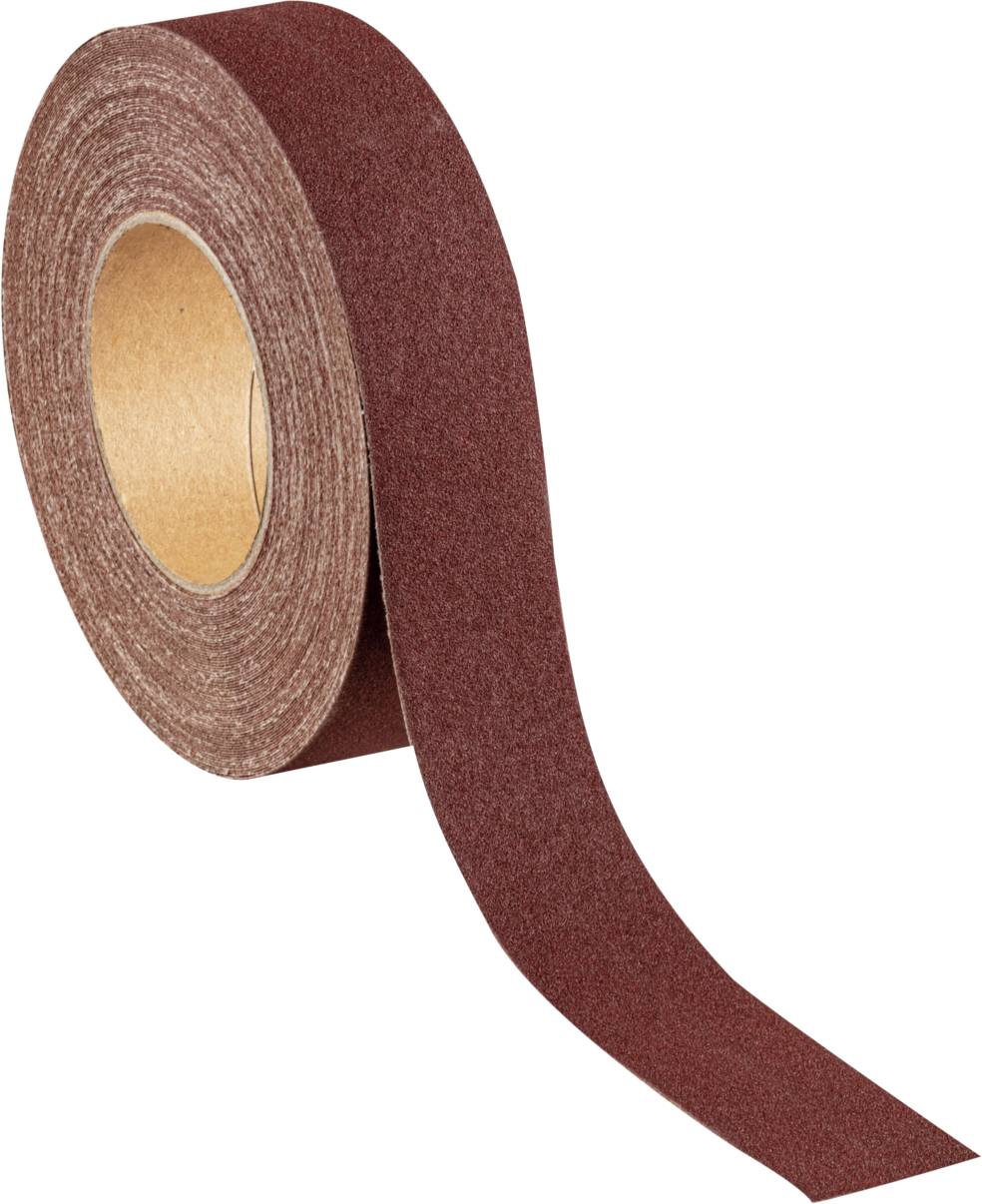 Un rouleau de papier de verre brun, partiellement déroulé, révèle la texture rugueuse de la surface abrasive.