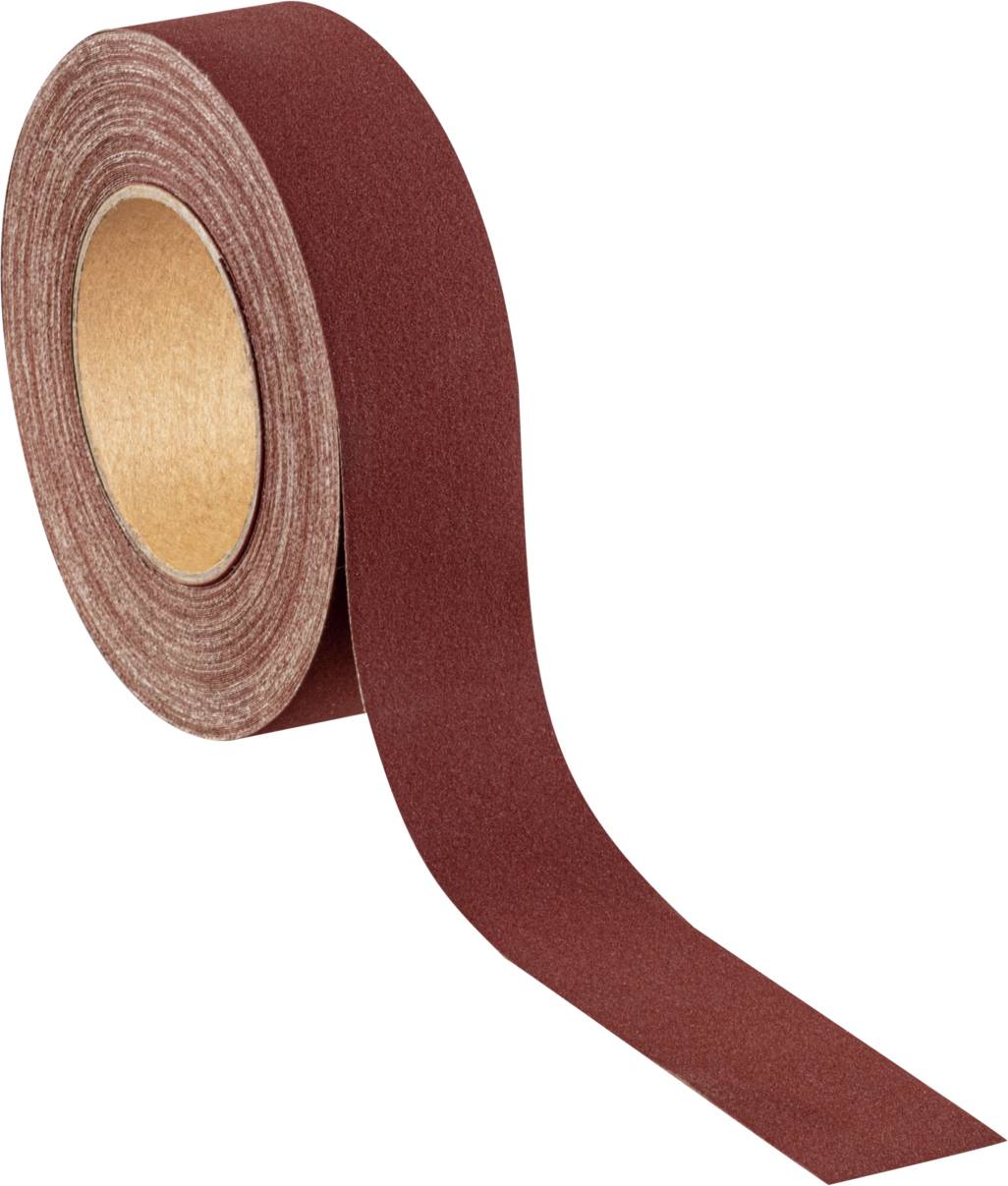 Rouleau de papier de verre de couleur rouge foncé, partiellement déroulé. Utilisé pour poncer les surfaces.
