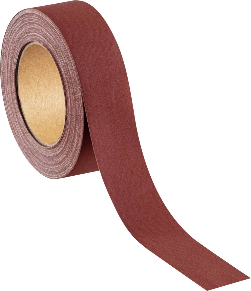 Une bande de papier de verre déroulée, rouge foncé, à surface sableuse, utilisée pour lisser des surfaces.
