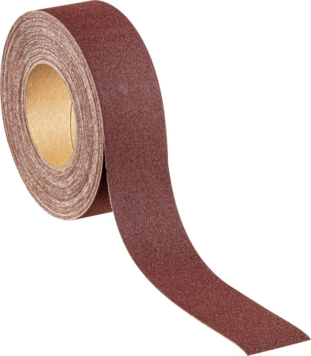 Une bande de papier de verre brun, partiellement déroulée, montre la surface rugueuse et granuleuse utilisée pour le travail du bois ou des métaux.