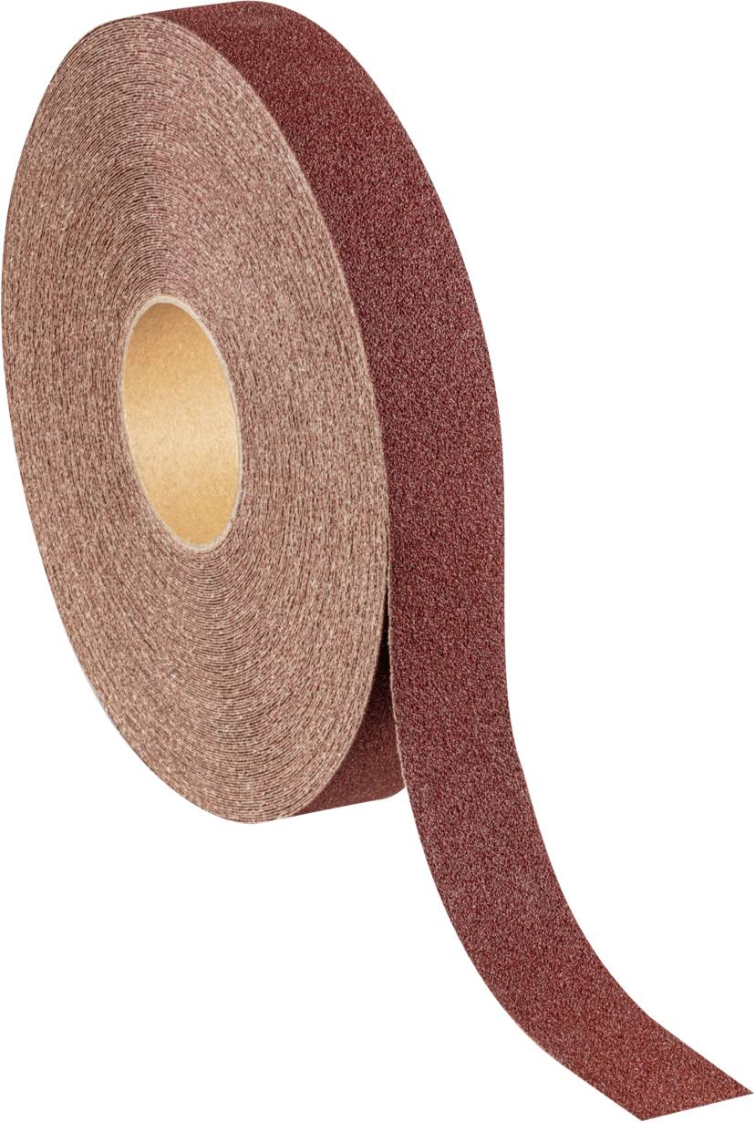 Un rouleau de ruban abrasif marron, partiellement déroulé, destiné à être utilisé dans des travaux artisanaux ou de construction.