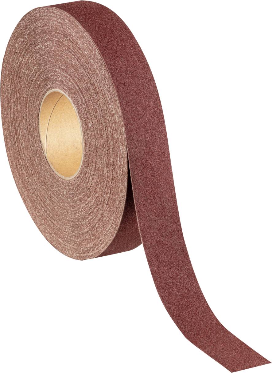 Un rouleau de papier de verre, brun-rouge, est debout avec une extrémité libre pointant vers le bas.