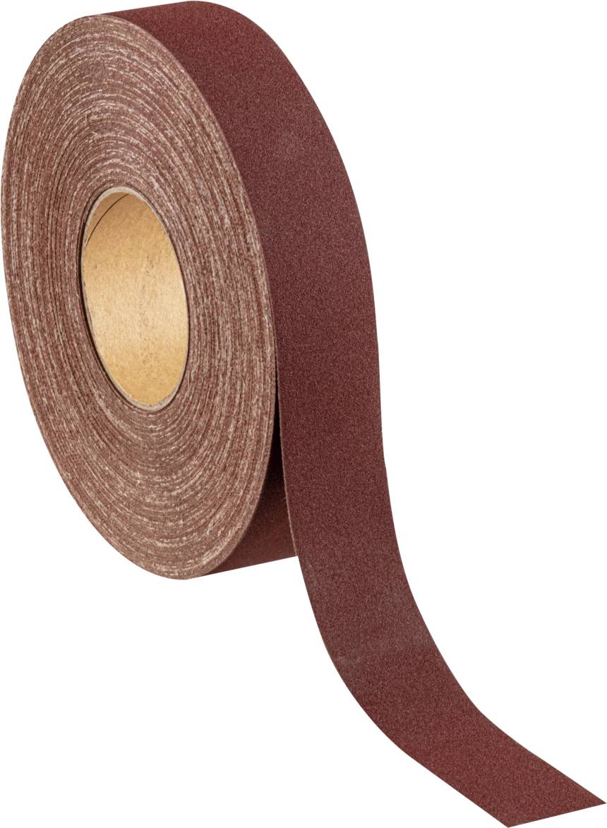 Bande de papier de verre brun-rouge sur rouleau, longueur déroulée, gros plan.