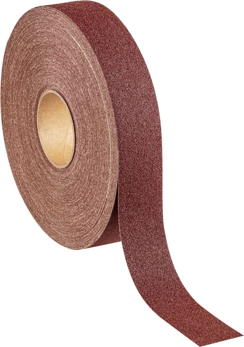 Un rouleau de papier de verre à surface brune et granuleuse, adapté pour poncer et lisser les surfaces en bois ou en métal.