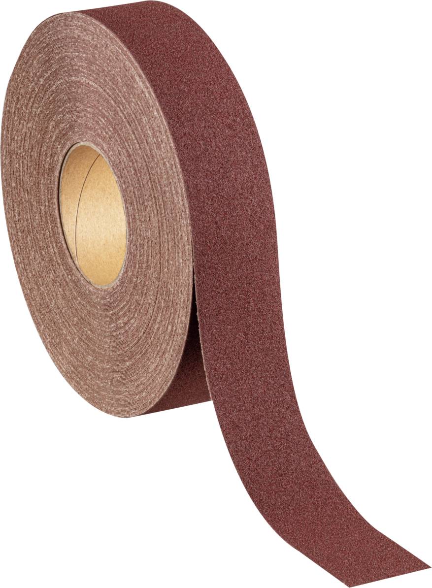Un ruban de papier de verre brun, enroulé, montre sa surface rugueuse.