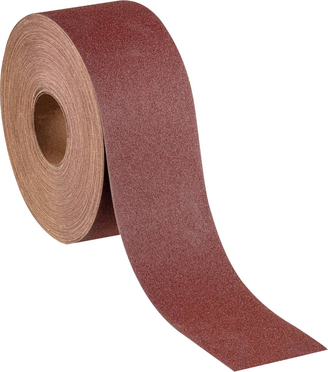Rouleau de papier de verre rouge, légèrement déroulé, sur fond blanc.