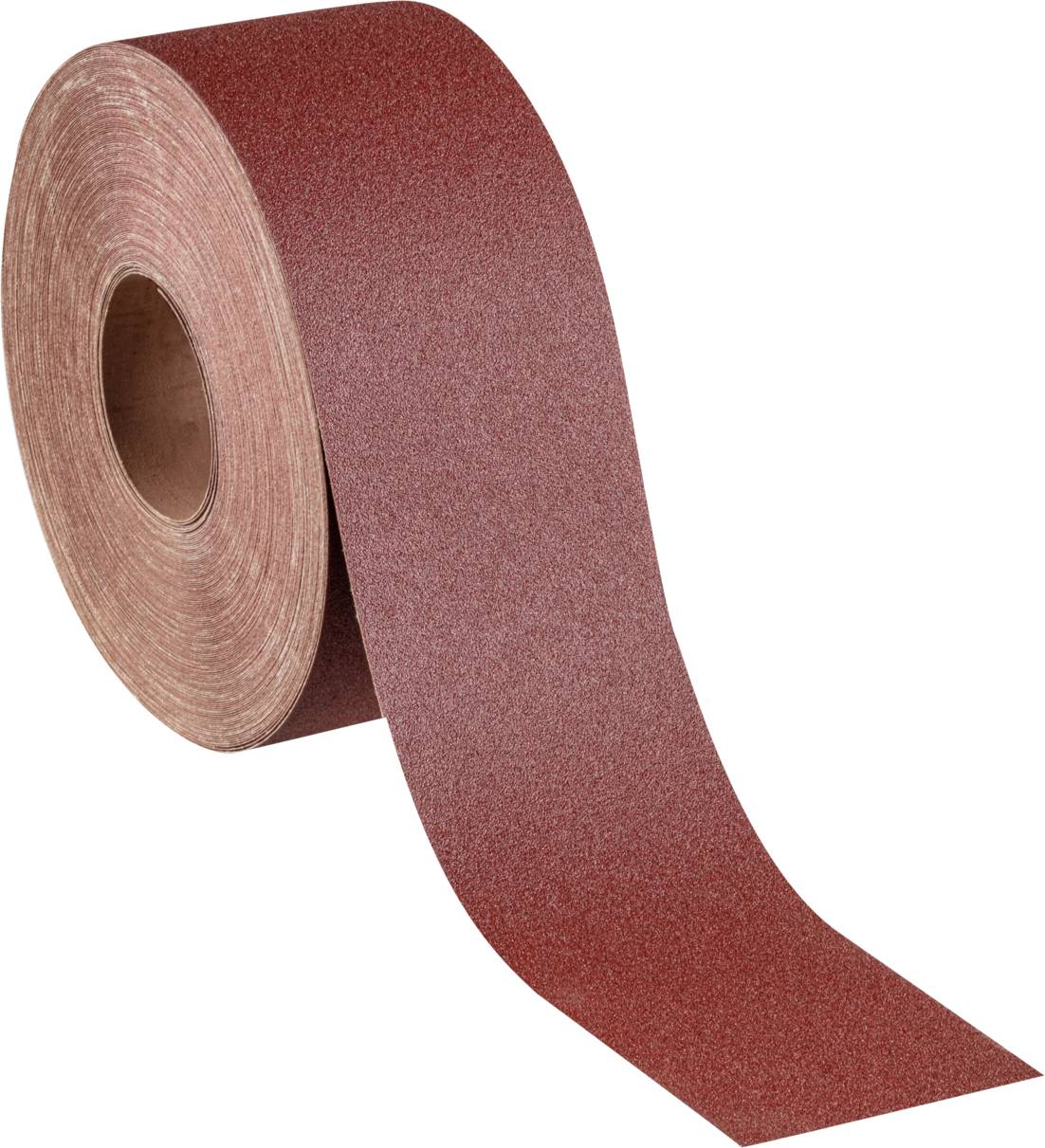 Un rouleau de papier de verre à gros grains, de couleur brun-rouge, à moitié déroulé, sur un fond blanc.