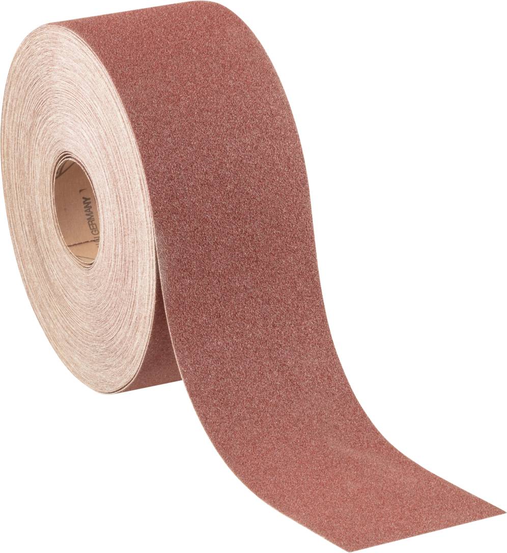 Un rouleau de papier de verre à surface rouge-brun, déroulé sur le côté sur un fond clair.