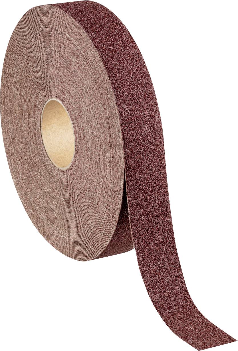 Un grand rouleau de papier de verre, enroulé et partiellement déroulé, montre sa surface extérieure rugueuse et brune.