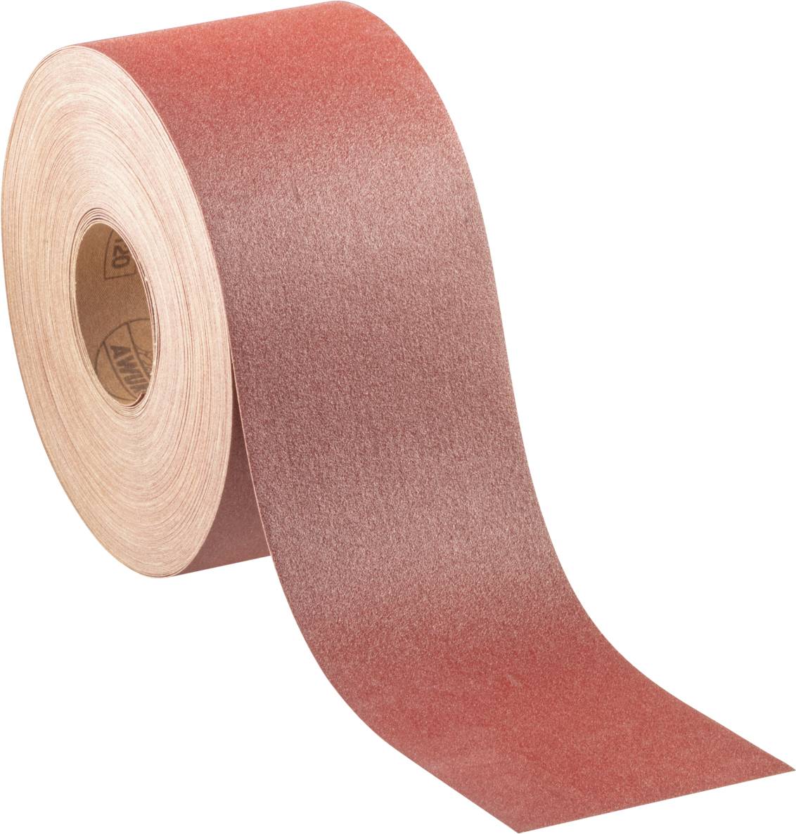 Un grand rouleau de papier de verre rouge qui se déroule sur une surface lisse. Idéal pour poncer le bois ou le métal.
