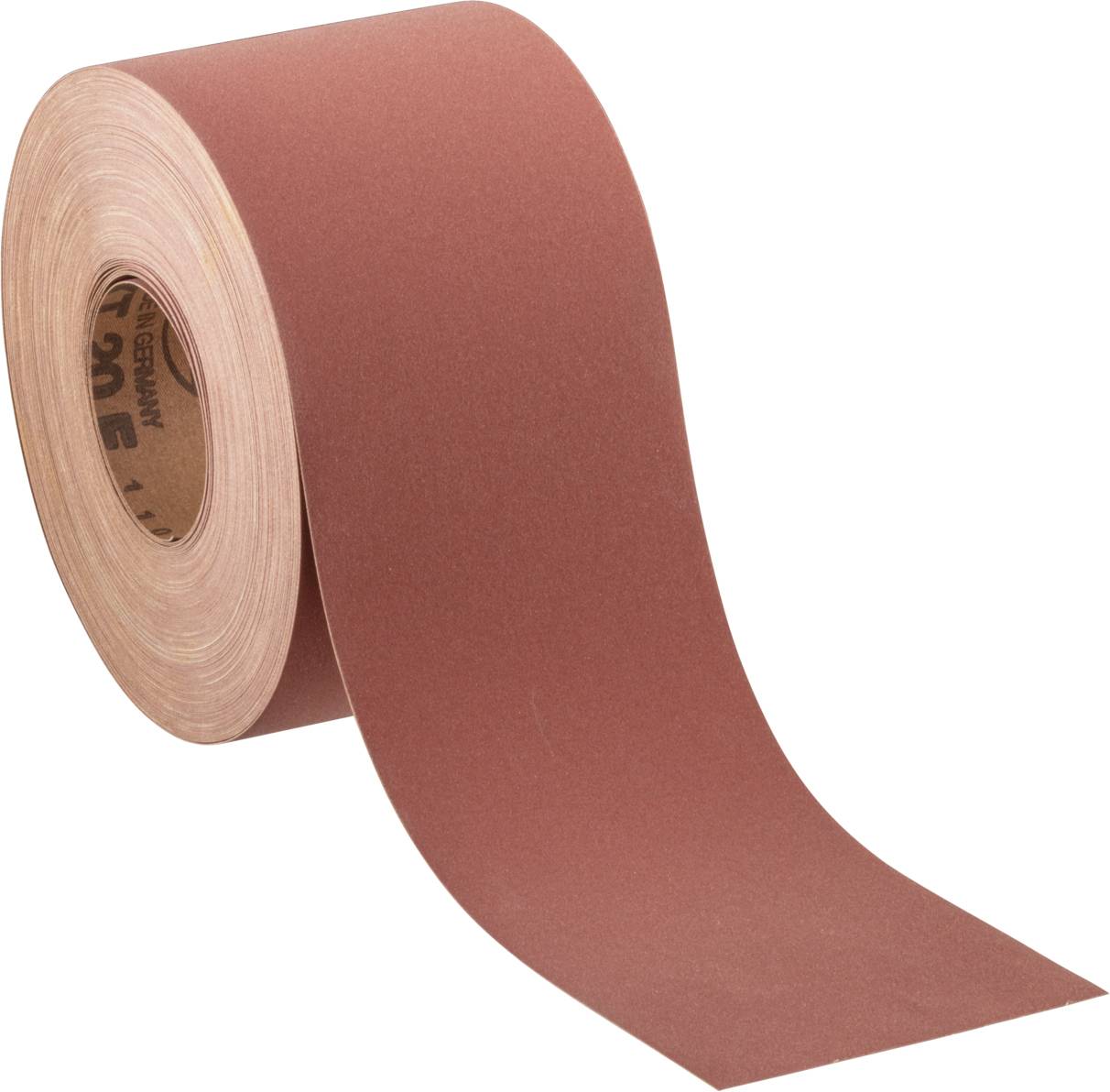 Un rouleau de papier de verre brun est déroulé et montre sa surface rugueuse. Il est utilisé pour des travaux de ponçage.