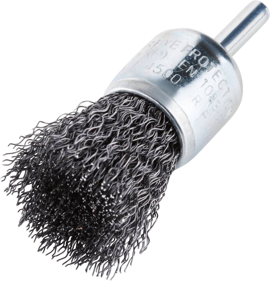 Une brosse métallique circulaire avec des poils en métal et un manche, utilisée pour nettoyer ou enlever la rouille et les saletés des surfaces.