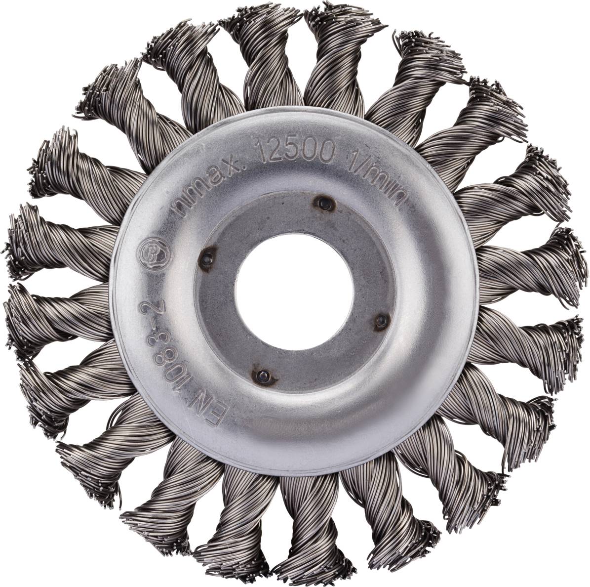 Brosse métallique à fils d'acier avec des poils torsadés, disposés de manière circulaire. Adaptée pour le nettoyage ou l'ébavurage de surfaces.